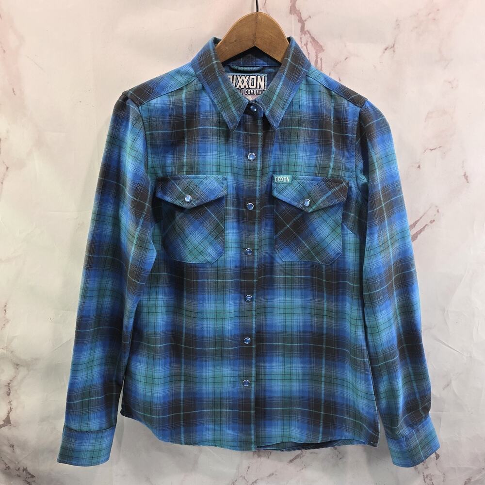 Dixxon Flannel Shirt Womens Small Blue Big Sur Plaid Pearl Snap Button Long Poly